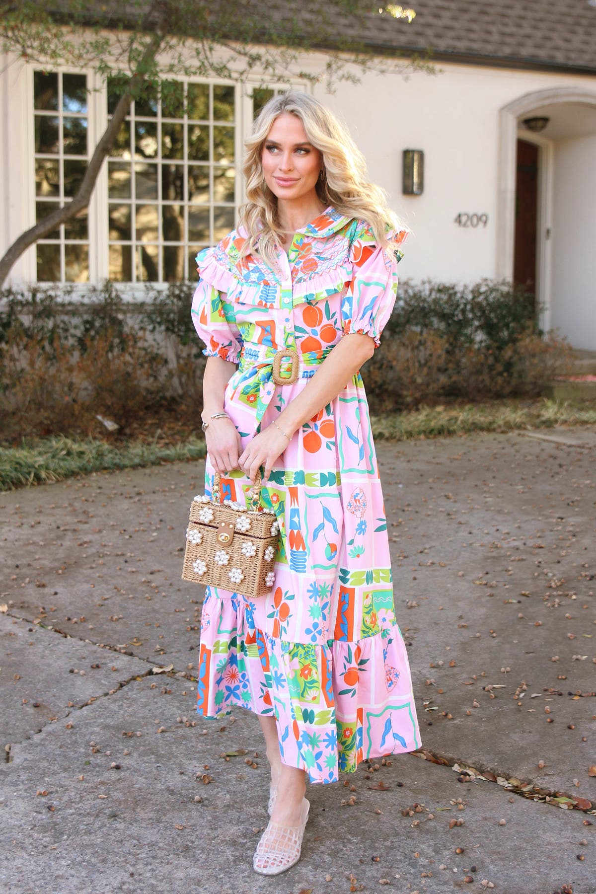 karlie dress Karlie Pink & Orange Palm Leaf Floral Maxi Shirt Dress, M