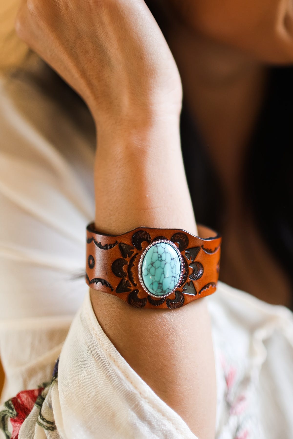 Boho Turquoise Stone Camel Leather Cuff Bracelet