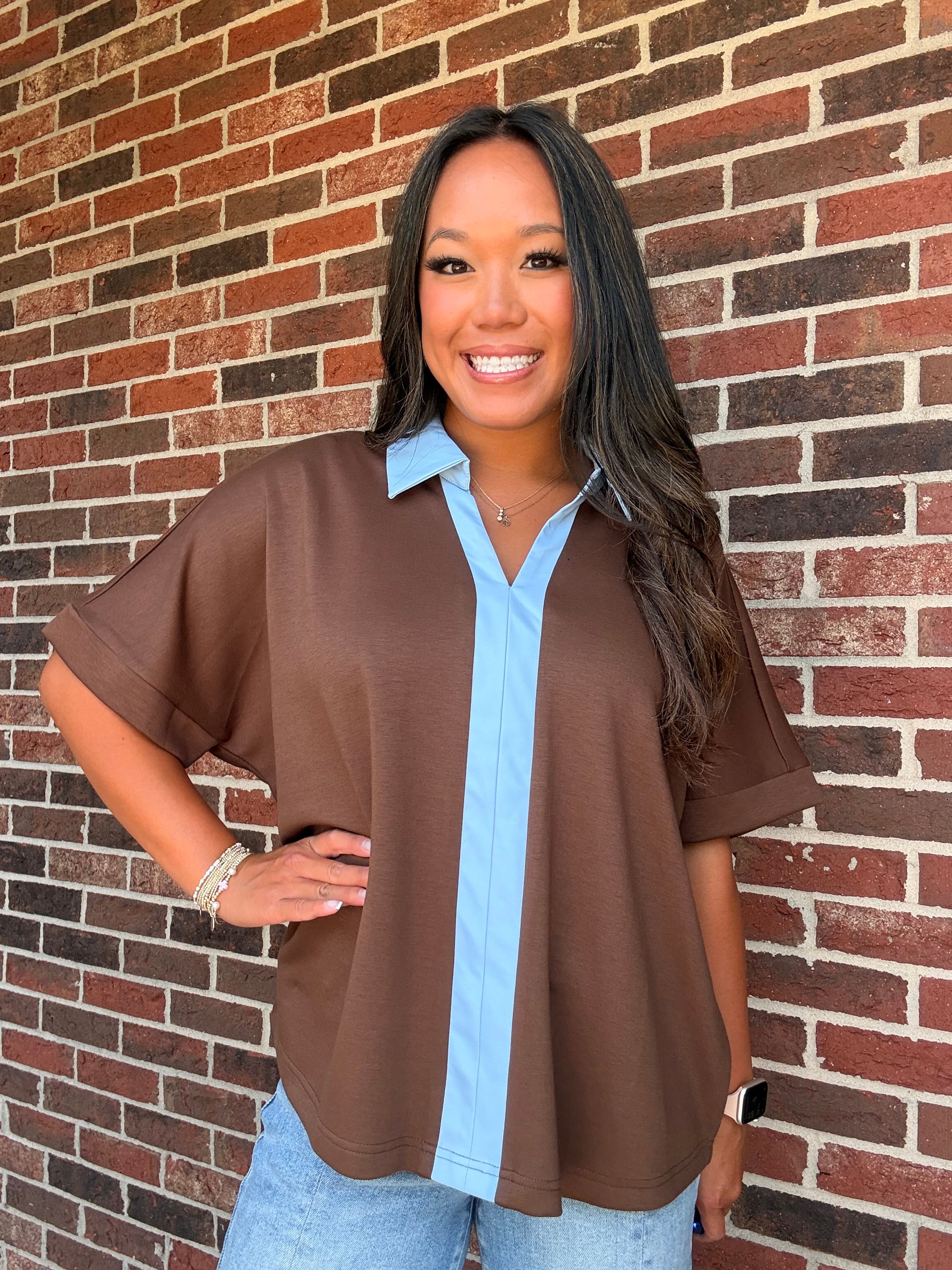 Oversized Brown and Blue Collared Top | Annes Boutique | Women's