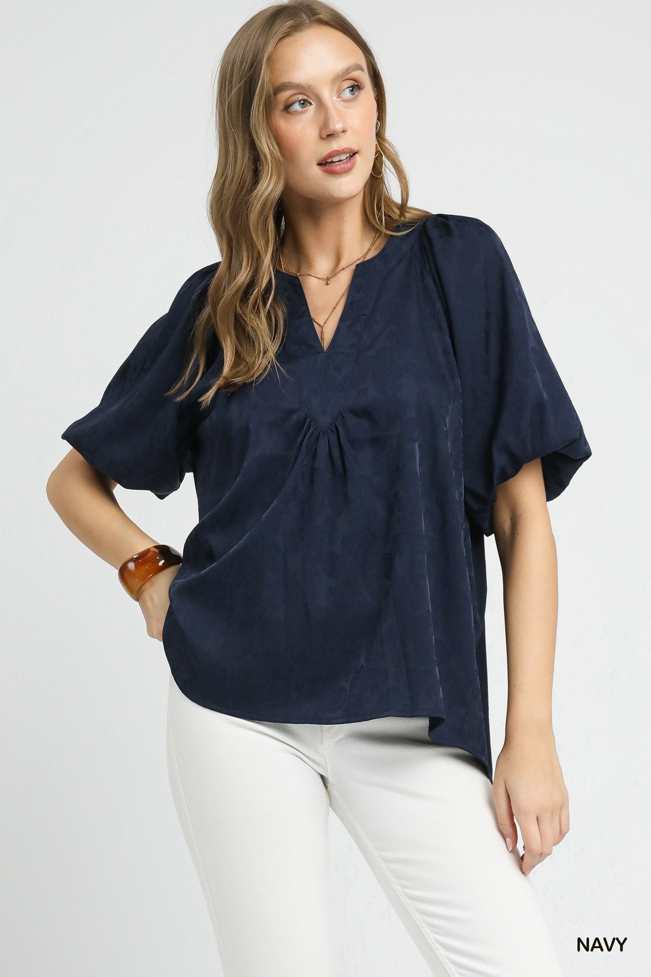 【Audire】Blooming jacquard tops(Navy) Navy Satin Jacquard Blouse | Annes Boutique | Women's