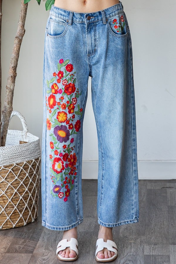 OLI & HALI WASHED FLOWER EMBROIDERY DENIM JEANS | Ashley Roads