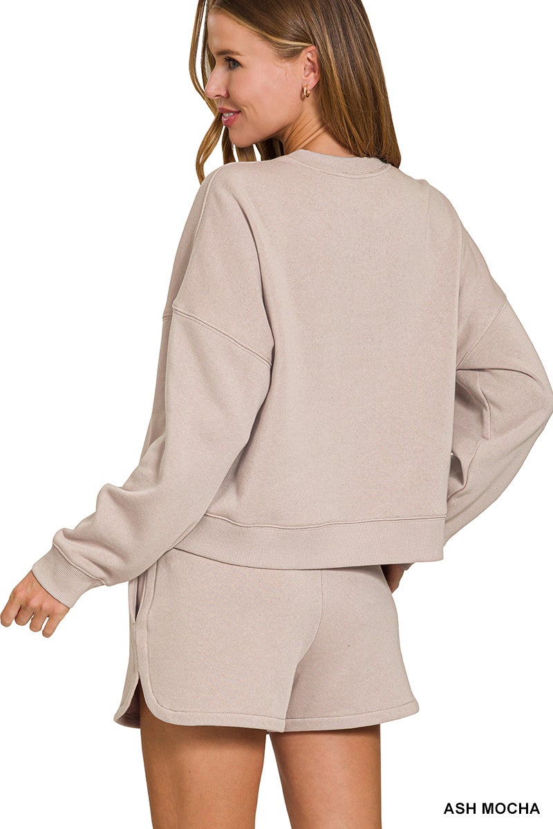 Zenana USA Fleece Long Sleeve Sweatshirts & Shorts Set in Gray for Women