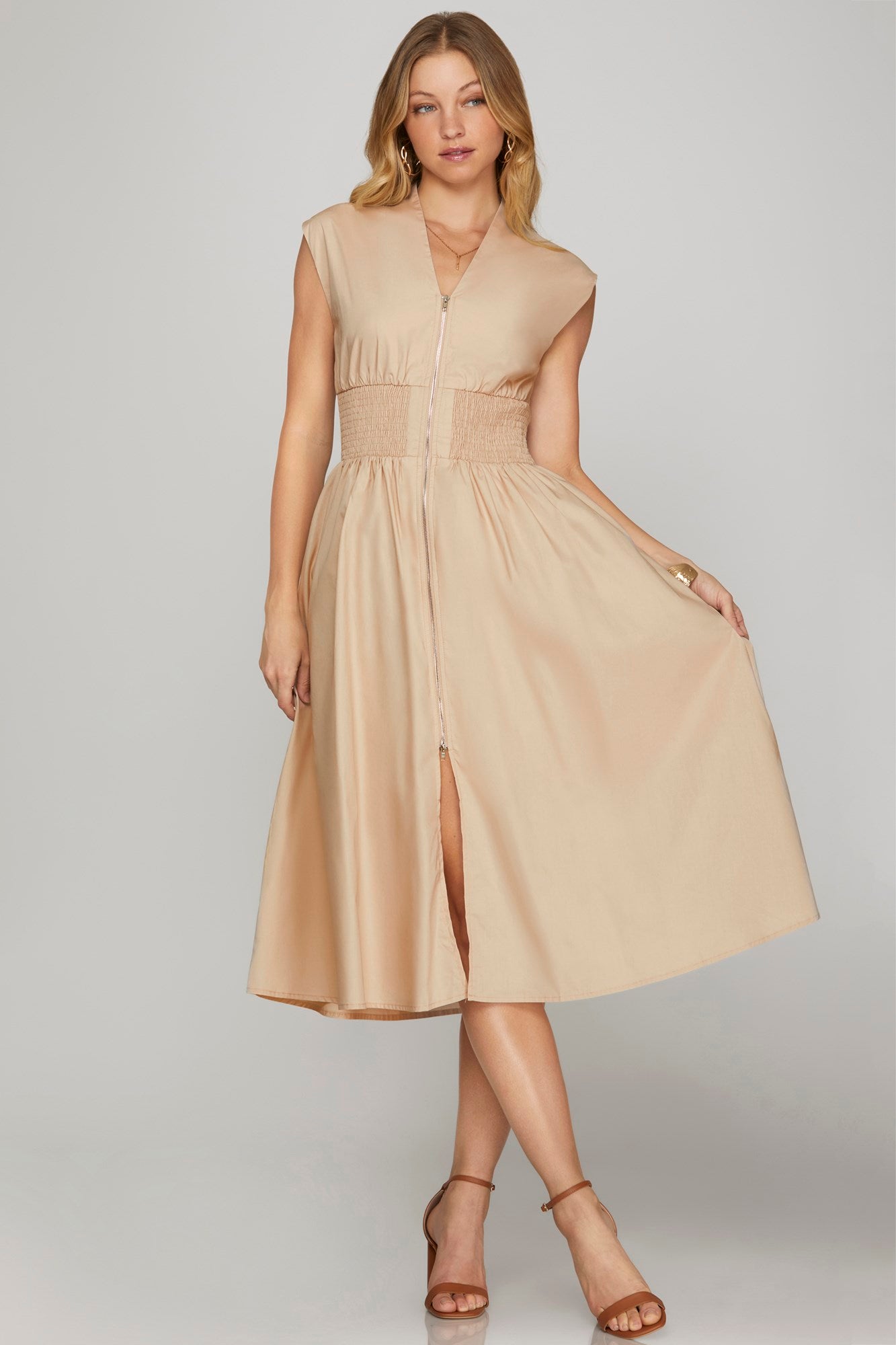 knee length dresses for ladies Mocha & Caramel Floral Print Zip Front Midi Dress