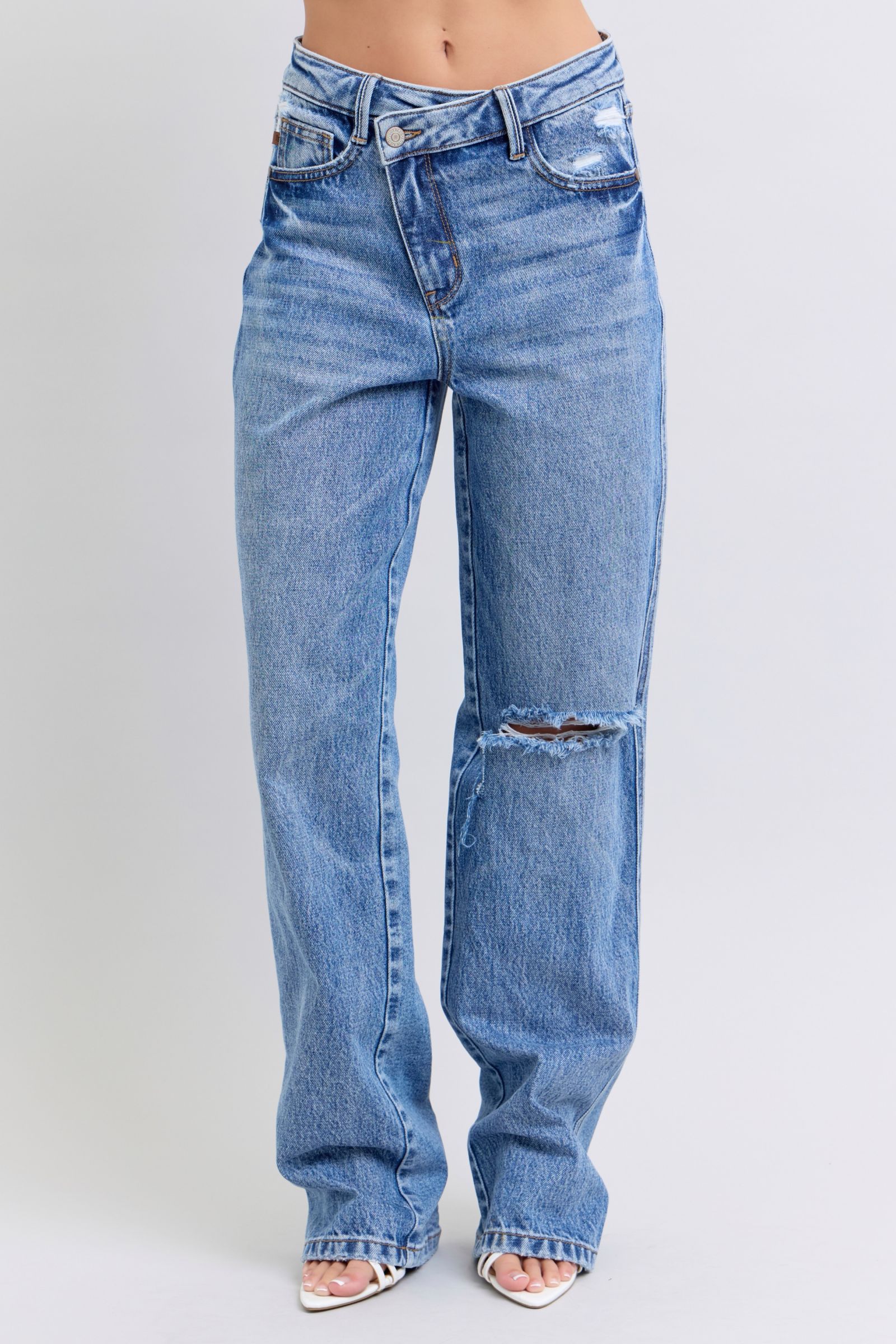 JUDY BLUE HI WAIST RIGID MAGIC CRISS-CROSS W/B, DESTROY & KNEE RIP