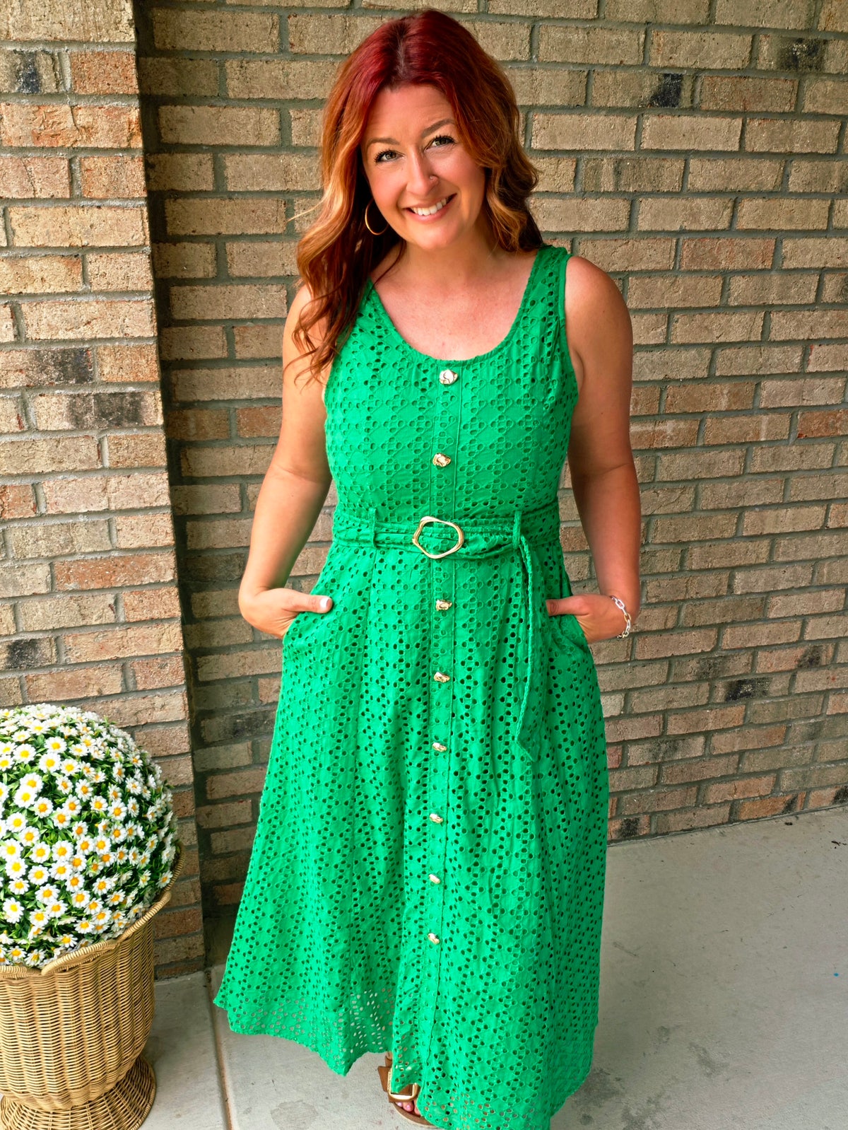 Belted Green Eyelet Lace Midi Dress | The Auburn Mermaid