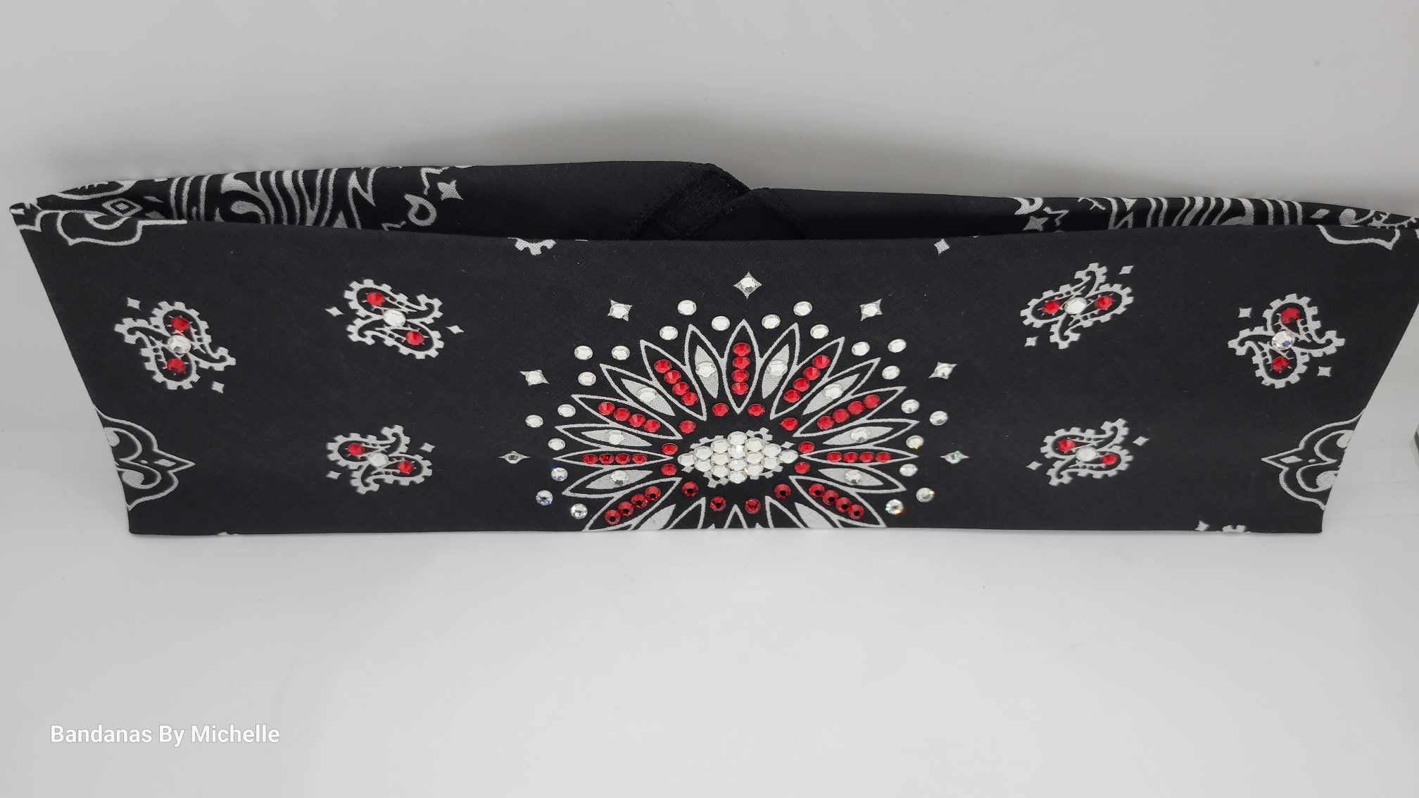 Paisley bandana Swarovski　Black×Red Narrow Black Paisley Bandana With Red and Diamond Clear