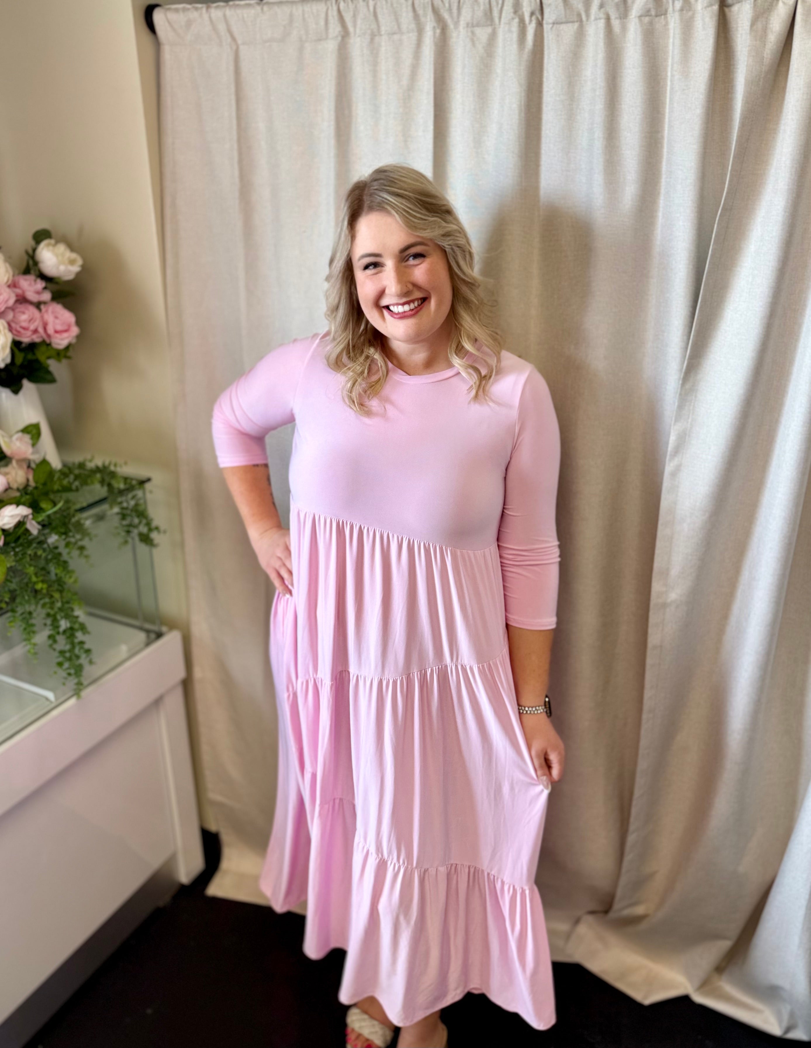 open lace back dress Kevan Jon peplum Queenie Bardot dress in blush pink – Deja Elite Boutique main image 1