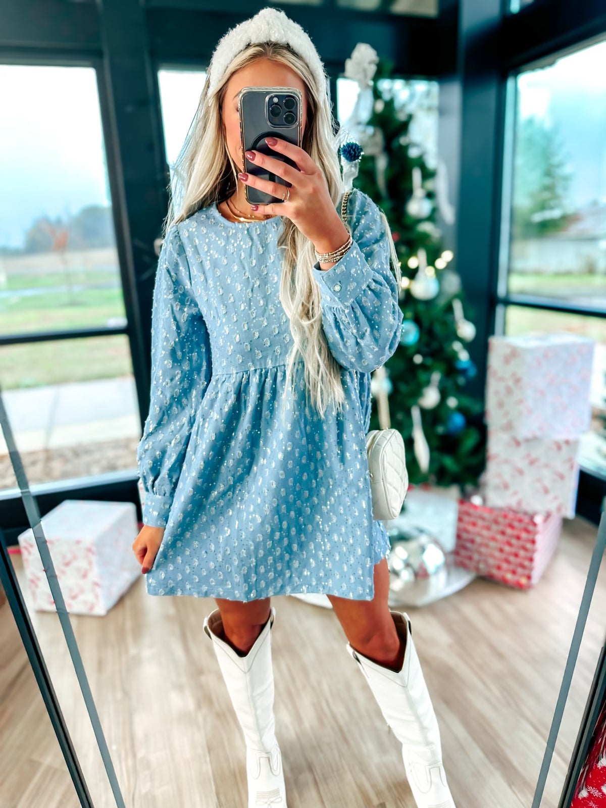 Textured Glitter Denim Mini Dress in Light Indigo | Bird & Co Textured Glitter Denim Mini Dress in Light Indigo | Bird & Co