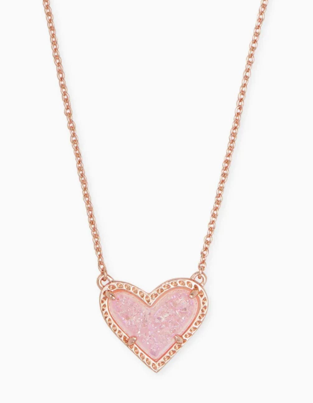 Kendra Scott Ari Heart Rose Gold Necklace in Light Pink Drusy