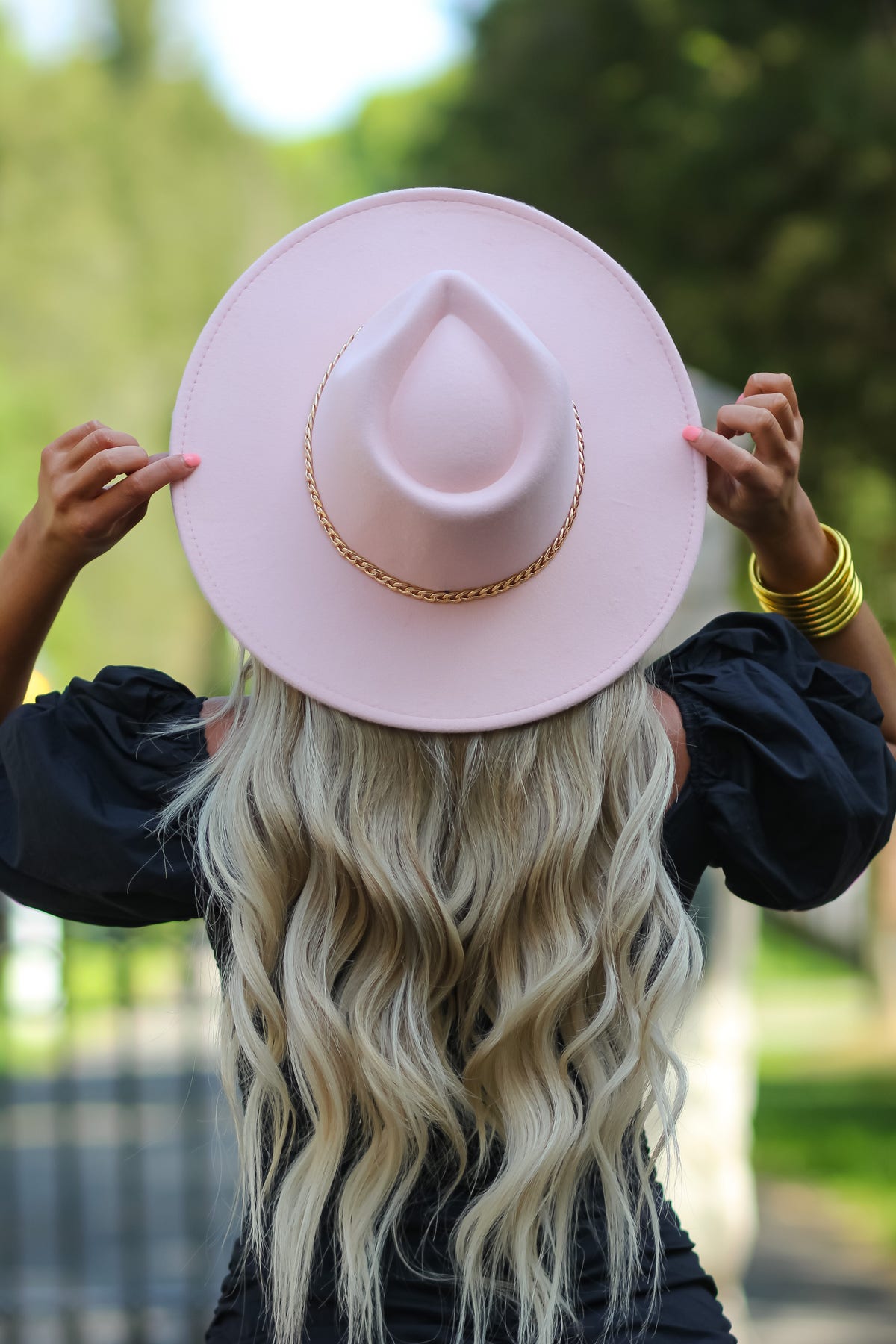 Fuschia Pink Fedora with Faux Gold Chain Chain Strap Fedora Hat • Ruslan Baginskiy Hats & Accessories  main image 3