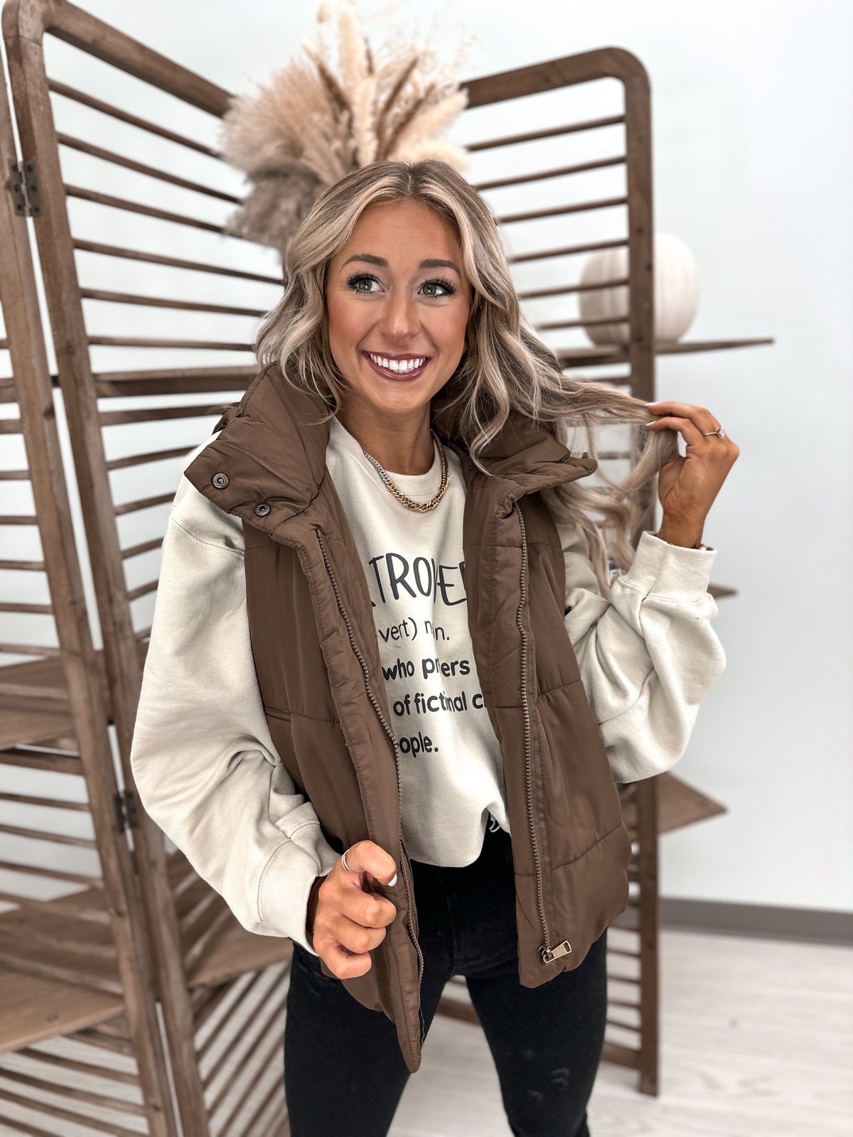 Solid Zip Up Puffer Vest in Brown