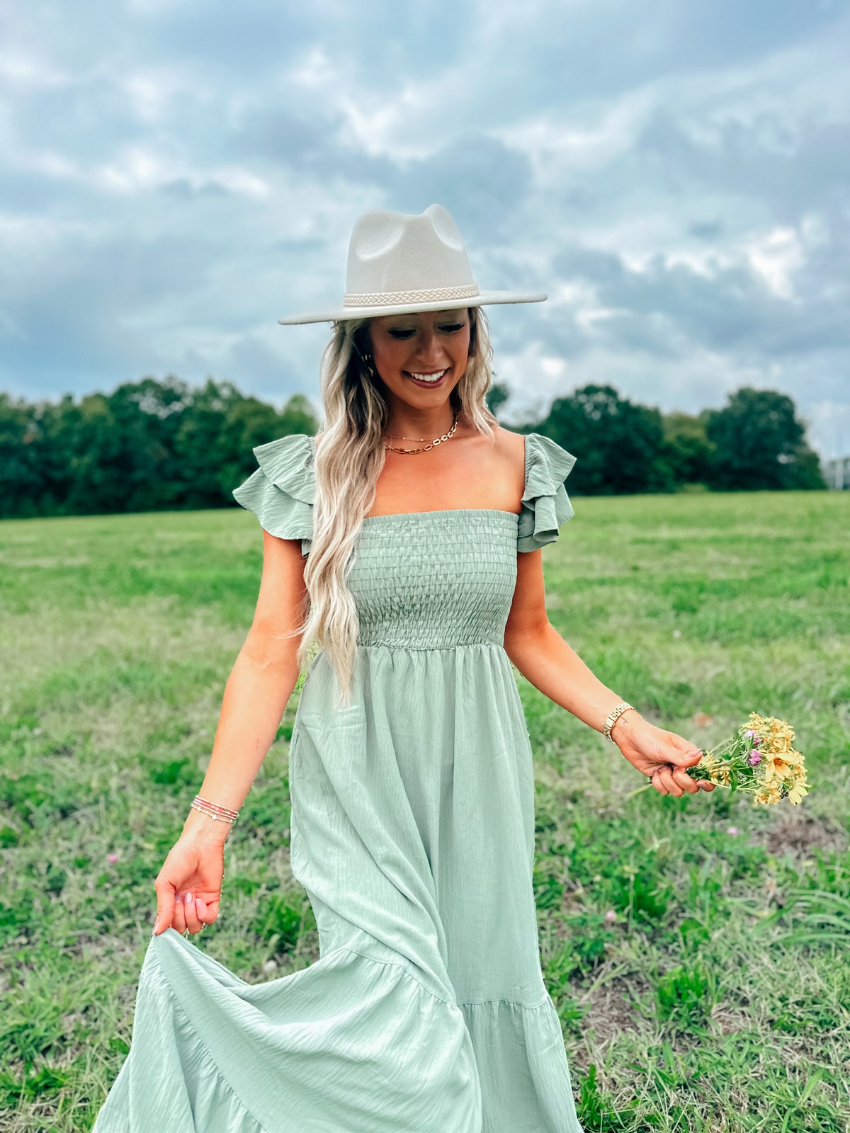 Solid Flared Long Tiered Dress in Olive | Bird & Co