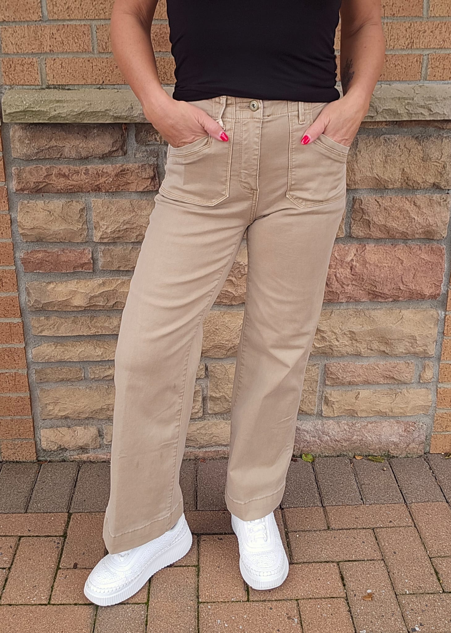 On the Grid Stella Kick Flare Pants in Taupe with Navy by
