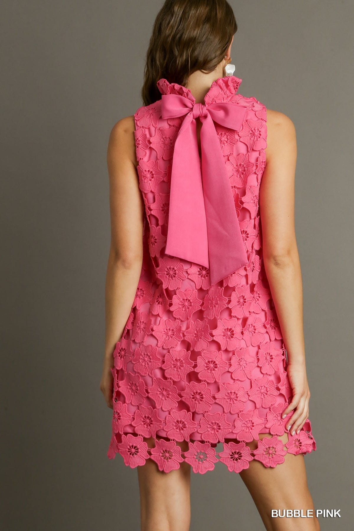 Pink Floral Lace High Neck Sleeveless Dress with Back Bow Tie | The Blue  Hydrangea Boutique