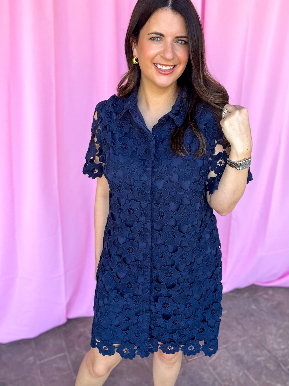 princess polly baby blue dress Navy Collared Button Down Floral Lace Dress