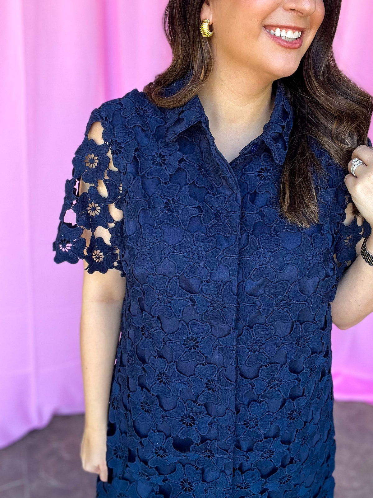 Navy Collared Button Down Floral Lace Dress | The Blue Hydrangea Boutique