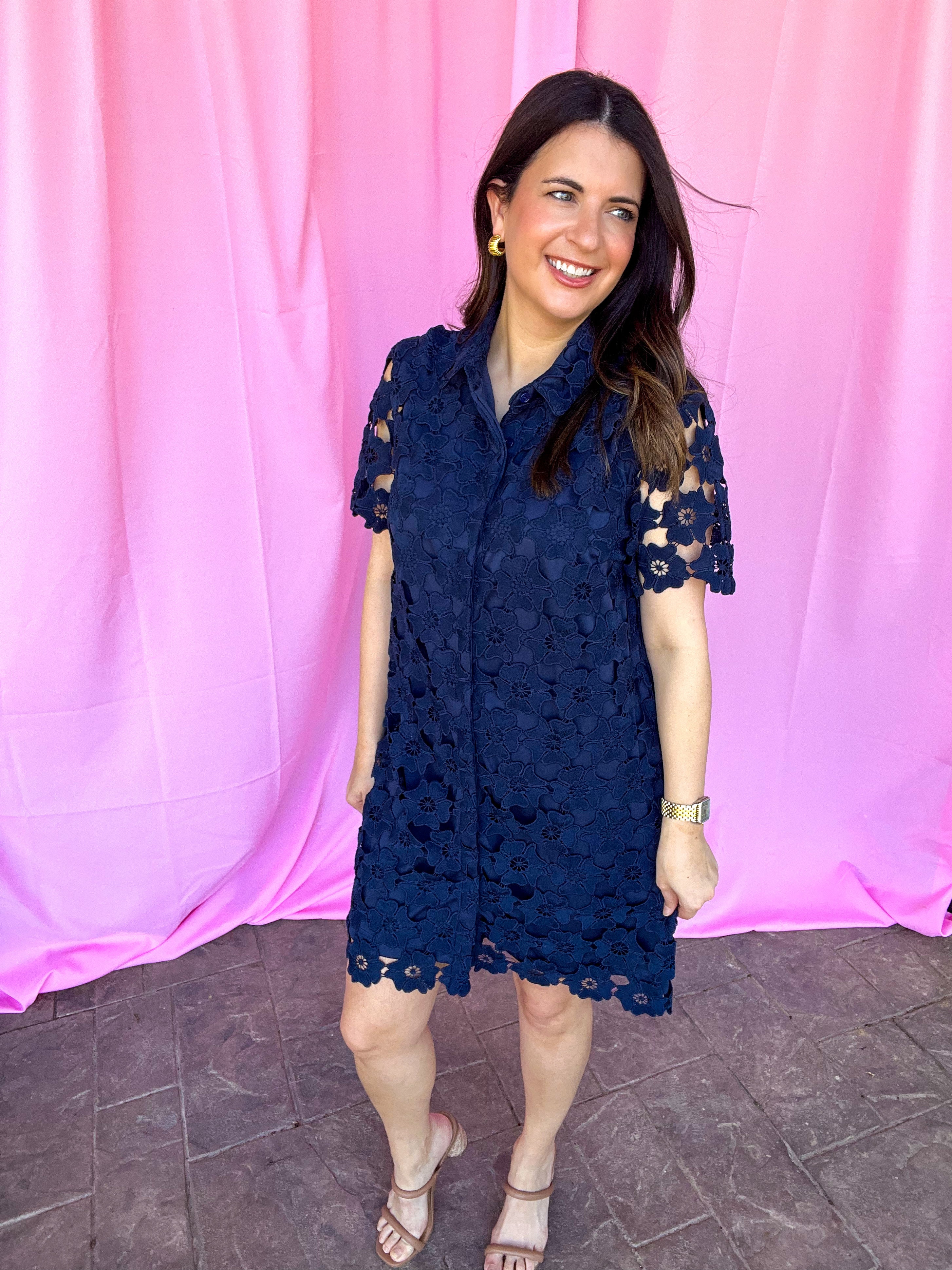 Navy Collared Button Down Floral Lace Dress | The Blue Hydrangea