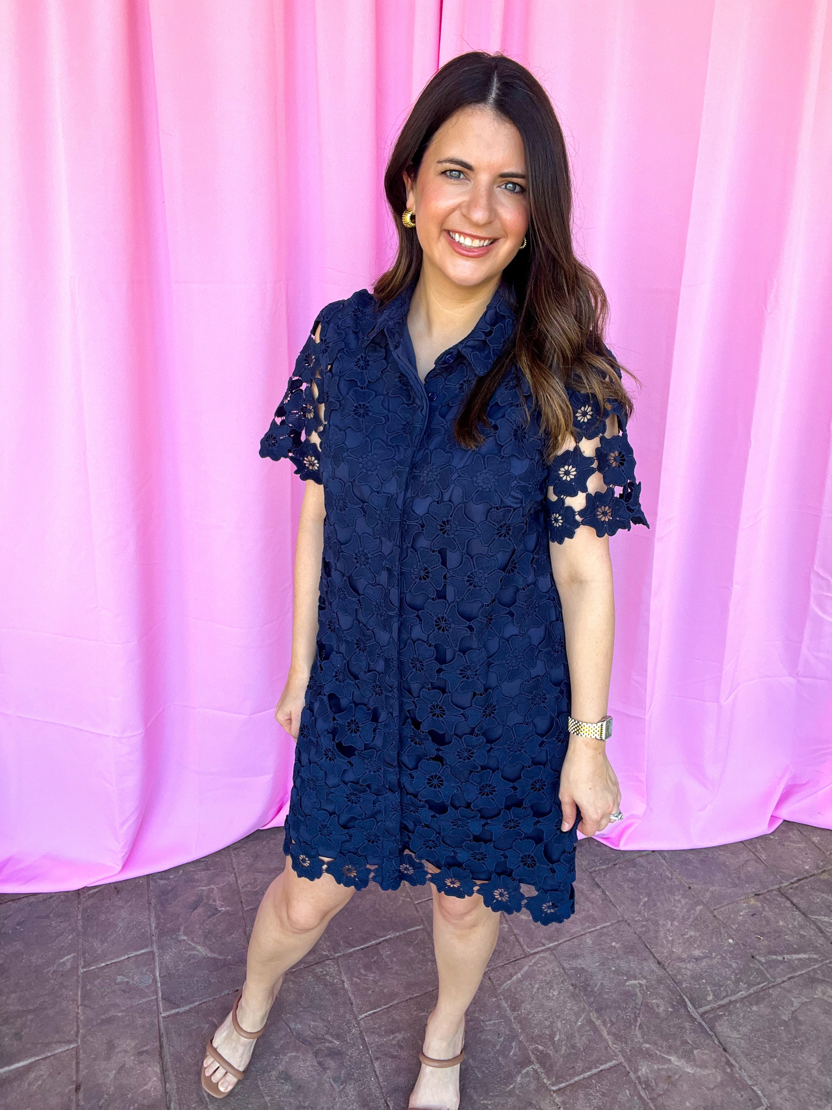 Navy Collared Button Down Floral Lace Dress | The Blue Hydrangea
