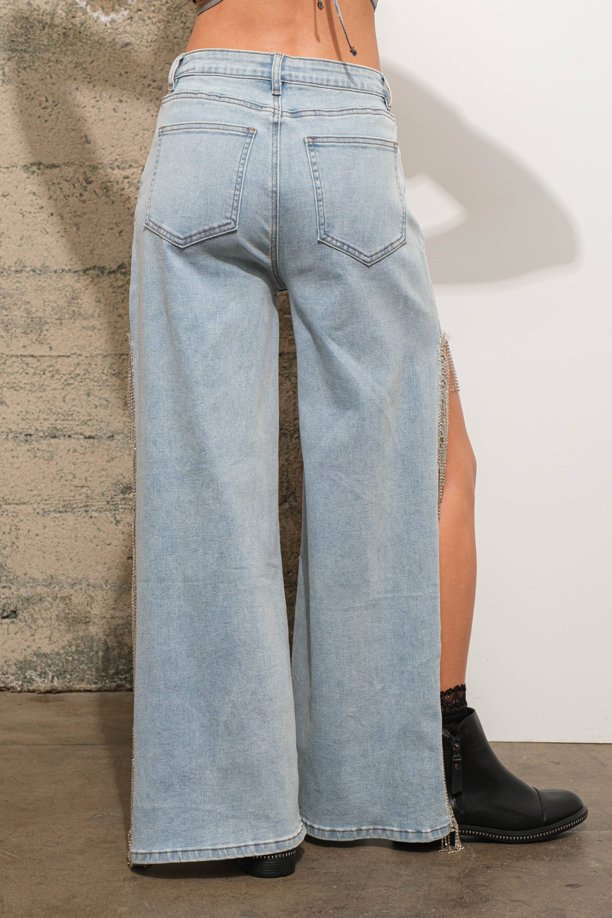 Open Side Rhinestone Fringe Jeans | BORN TO GLAM | Online