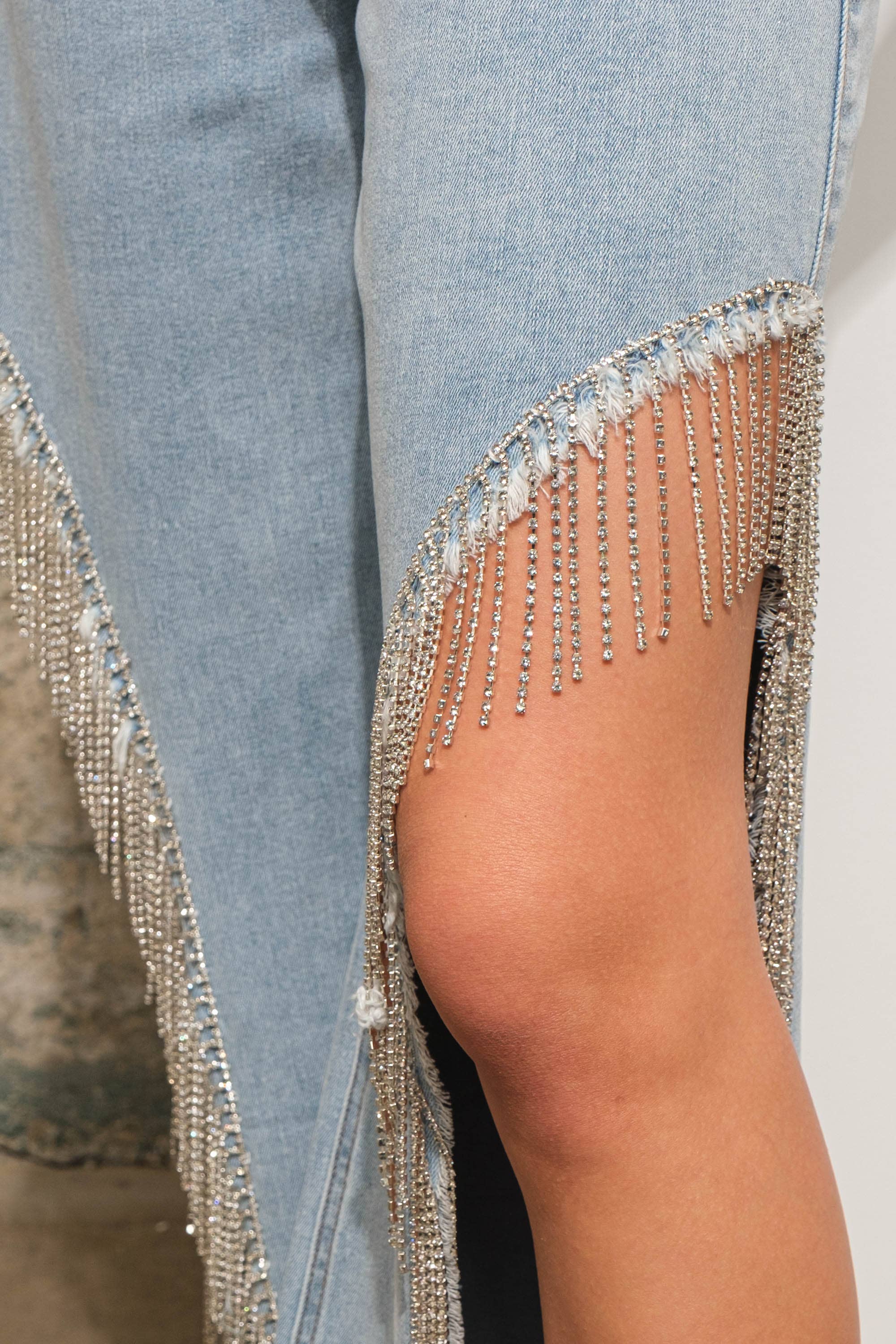 Open Side Rhinestone Fringe Jeans | BORN TO GLAM | Online