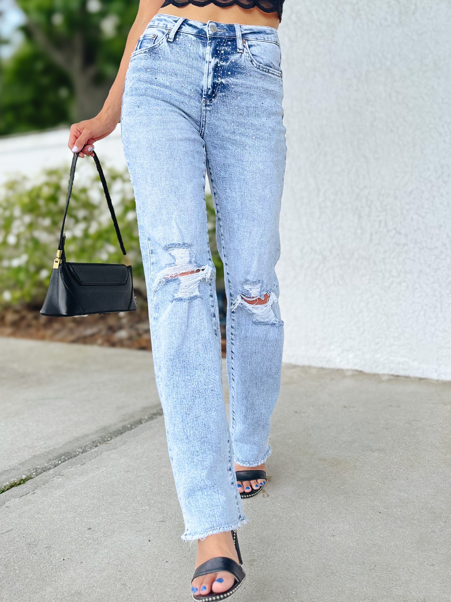 Shimmer Down Now By Mica - Mid Rise Distressed Embellished