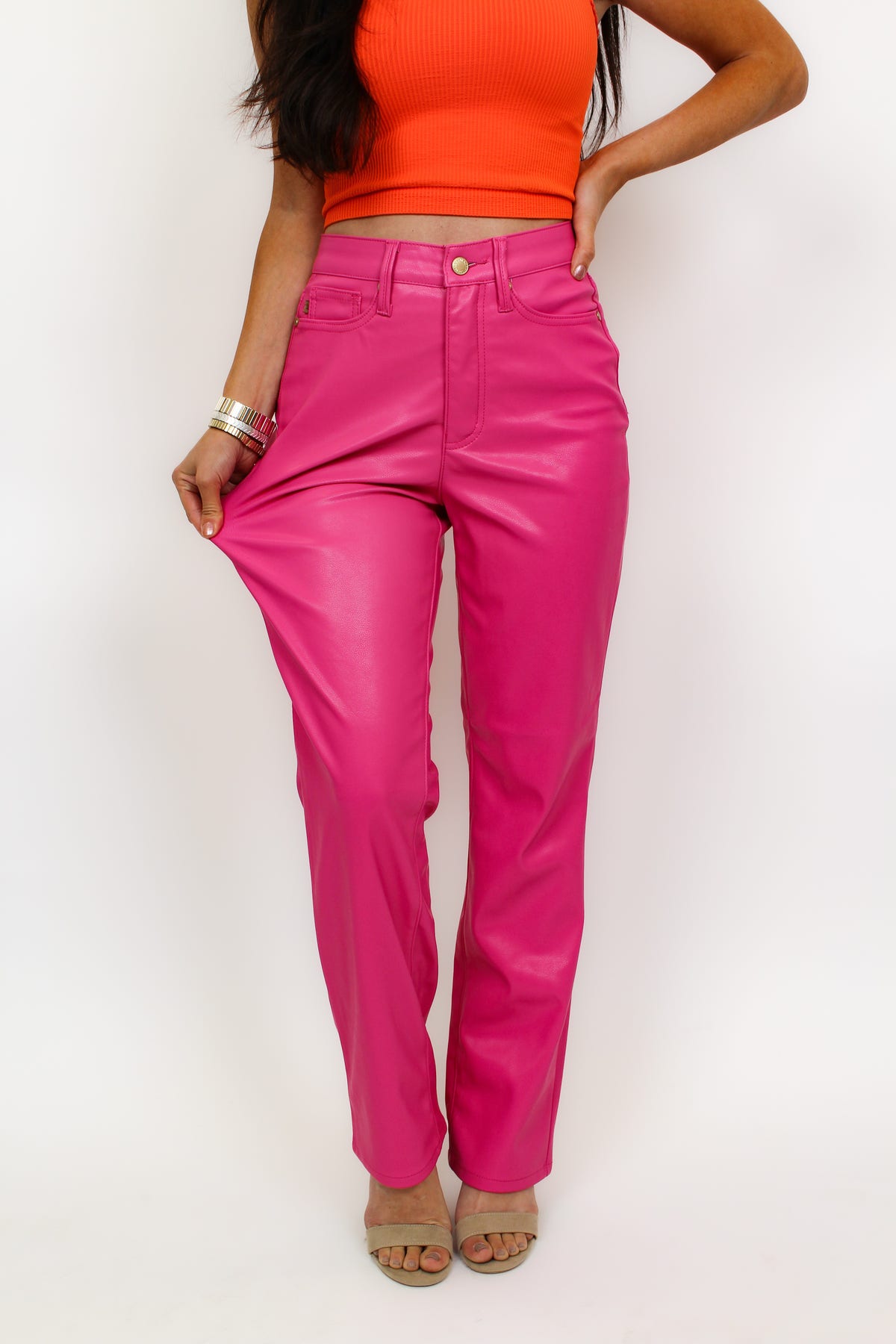 Pink Pu Pants Judy Blue Barbie Girl Tummy Control Faux Leather