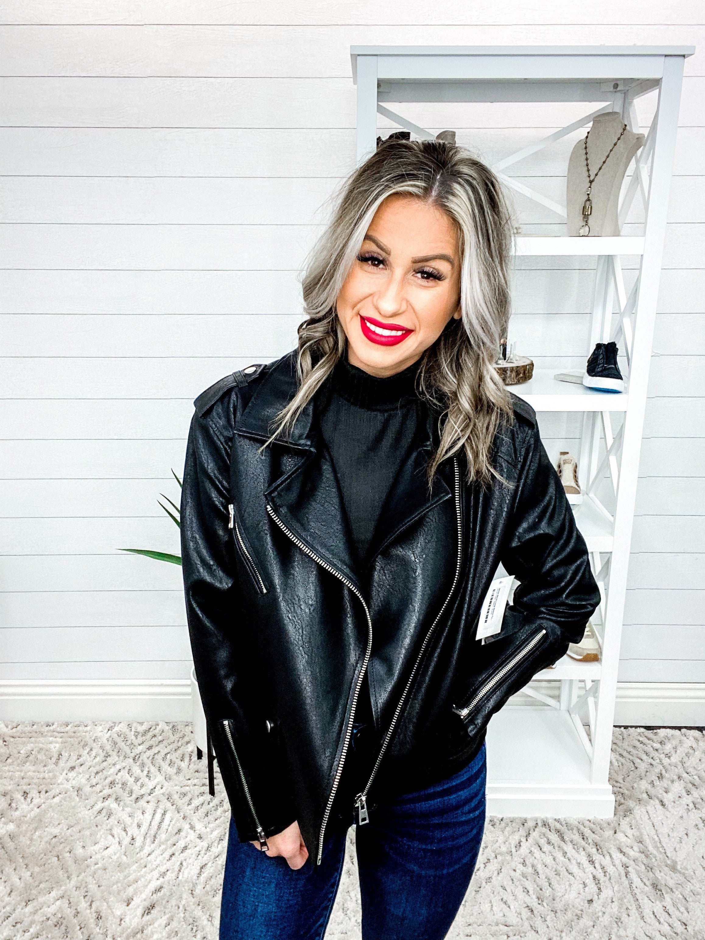 White Birch Long Sleeve Faux Leather Biker Jacket | C.C. Bella Boutique