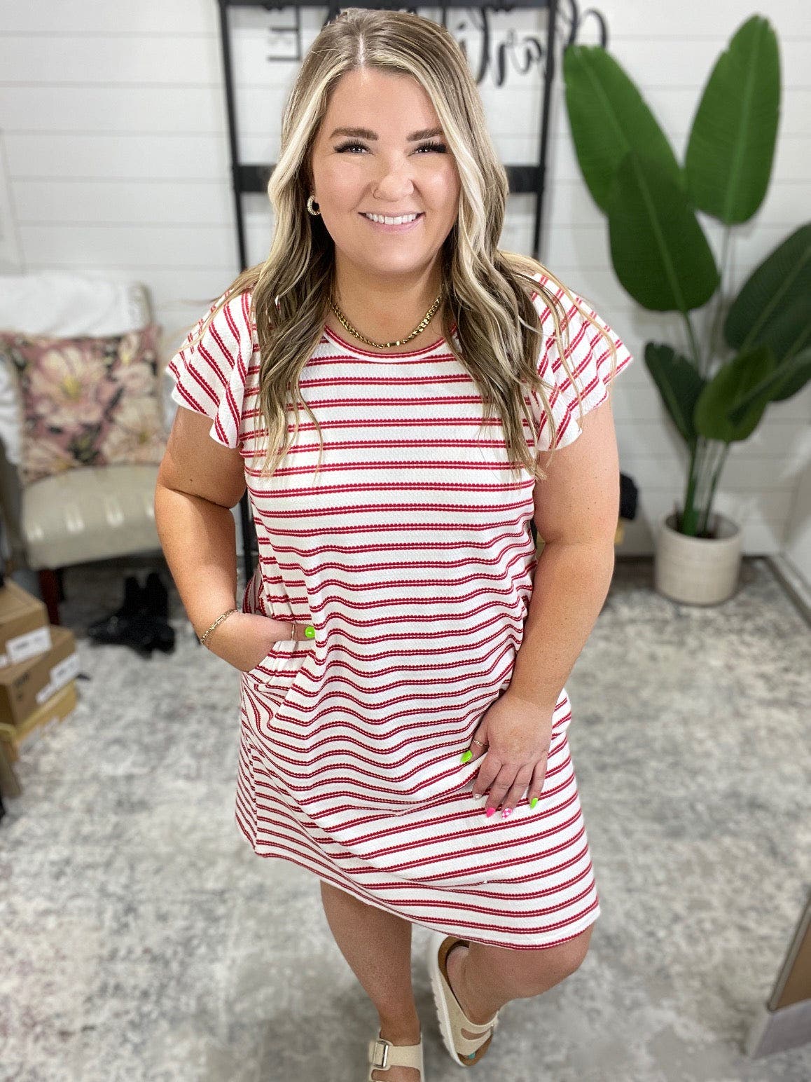Sunny Stripes Casual Flutter Sleeve Dress