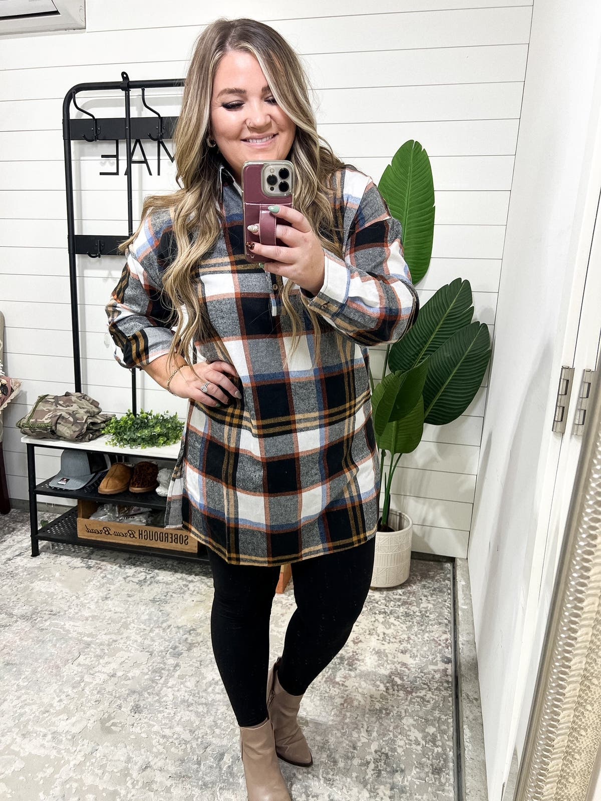plaid shirt dress with leggings Mystree Washed Ivory Plaid Shirt Dress with Rolled Sleeves