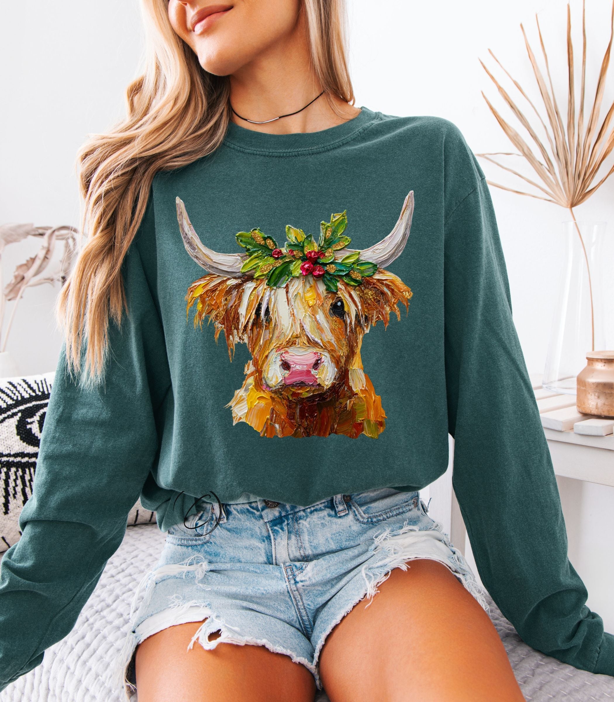 HAND-STENCILED LONG SLEEVE BASQUE TEE M Hand-painted Painted Long