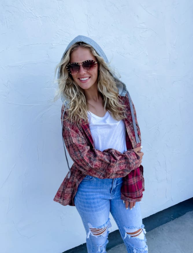 Vivi Plaid Hoodie Shacket Hooded Button Up Hoodie Top Women's