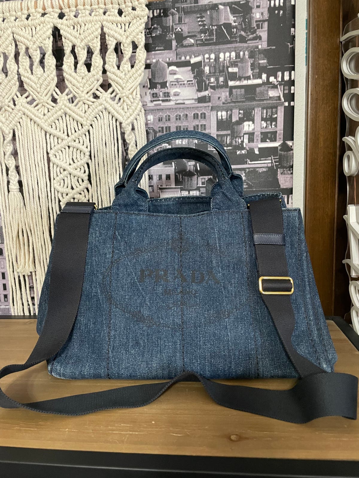 Prada Canapa L Large Denim Two-Way Handbag with Strap | Chic and 