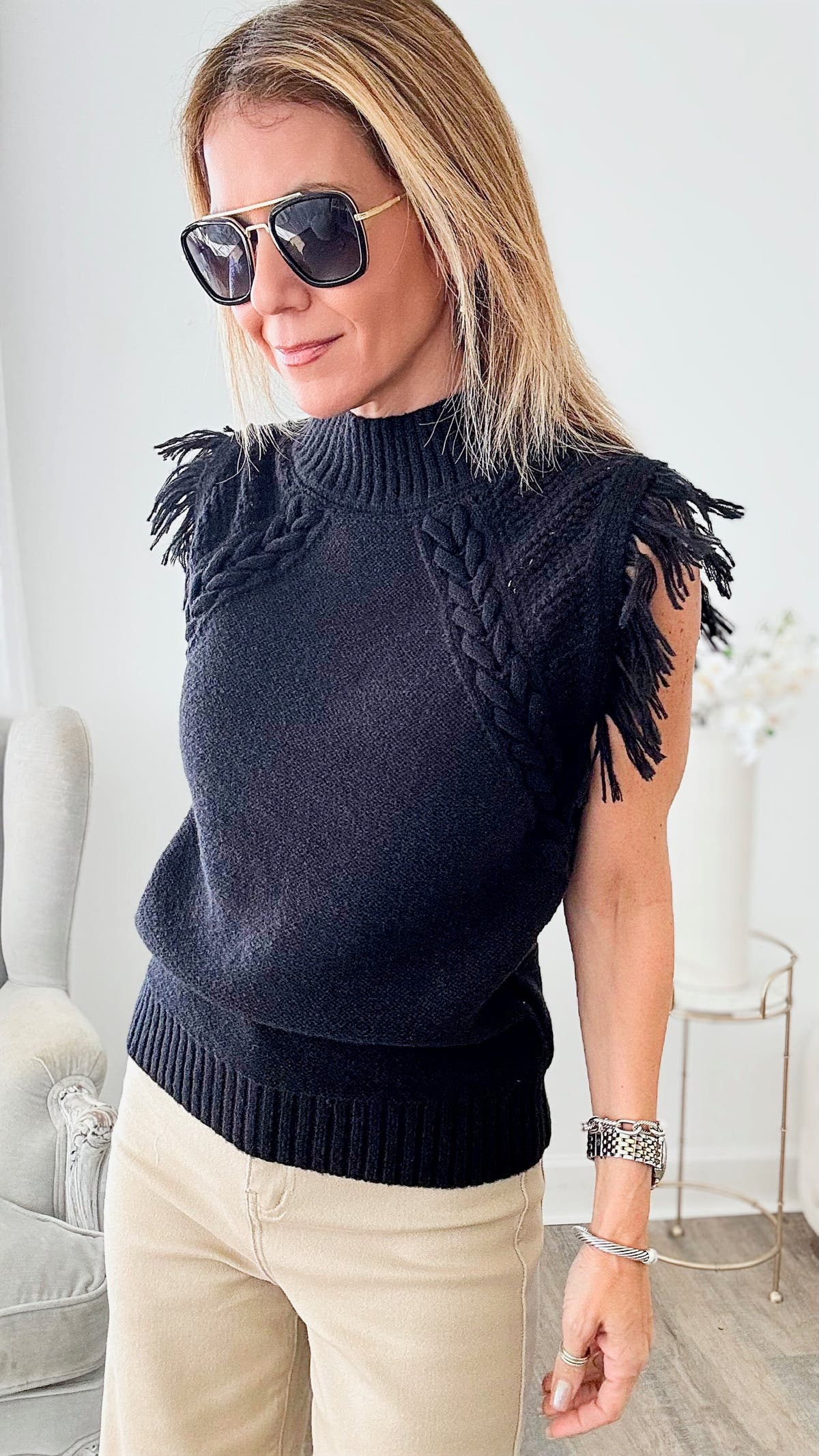 Cable Knit Fringe Sweater Vest - Black | Coastal Bloom