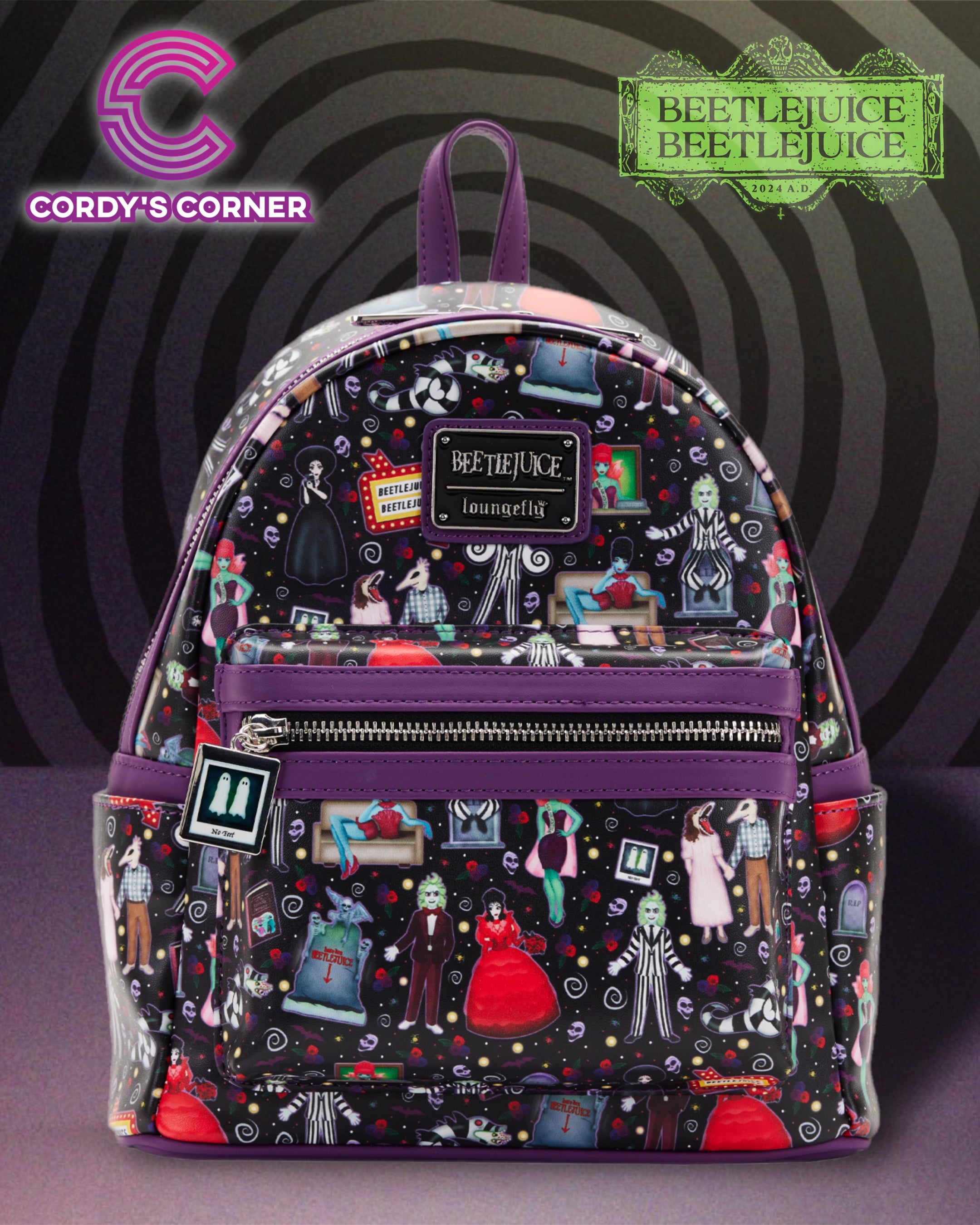 NWT Loungefly Beetlejuice Mini Backpack Purse Purple Green Black White NEW Beetlejuice Icons AOP Mini Backpack Loungefly | Cordy main image 2
