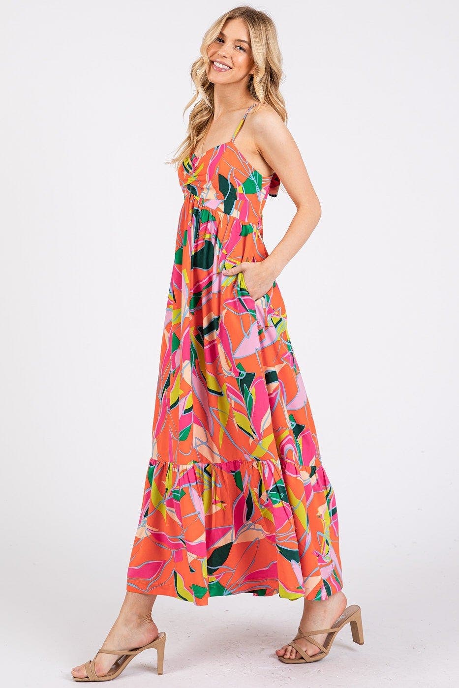 Mittoshop Multicolor Leaf Print Tie Back Maxi Dress