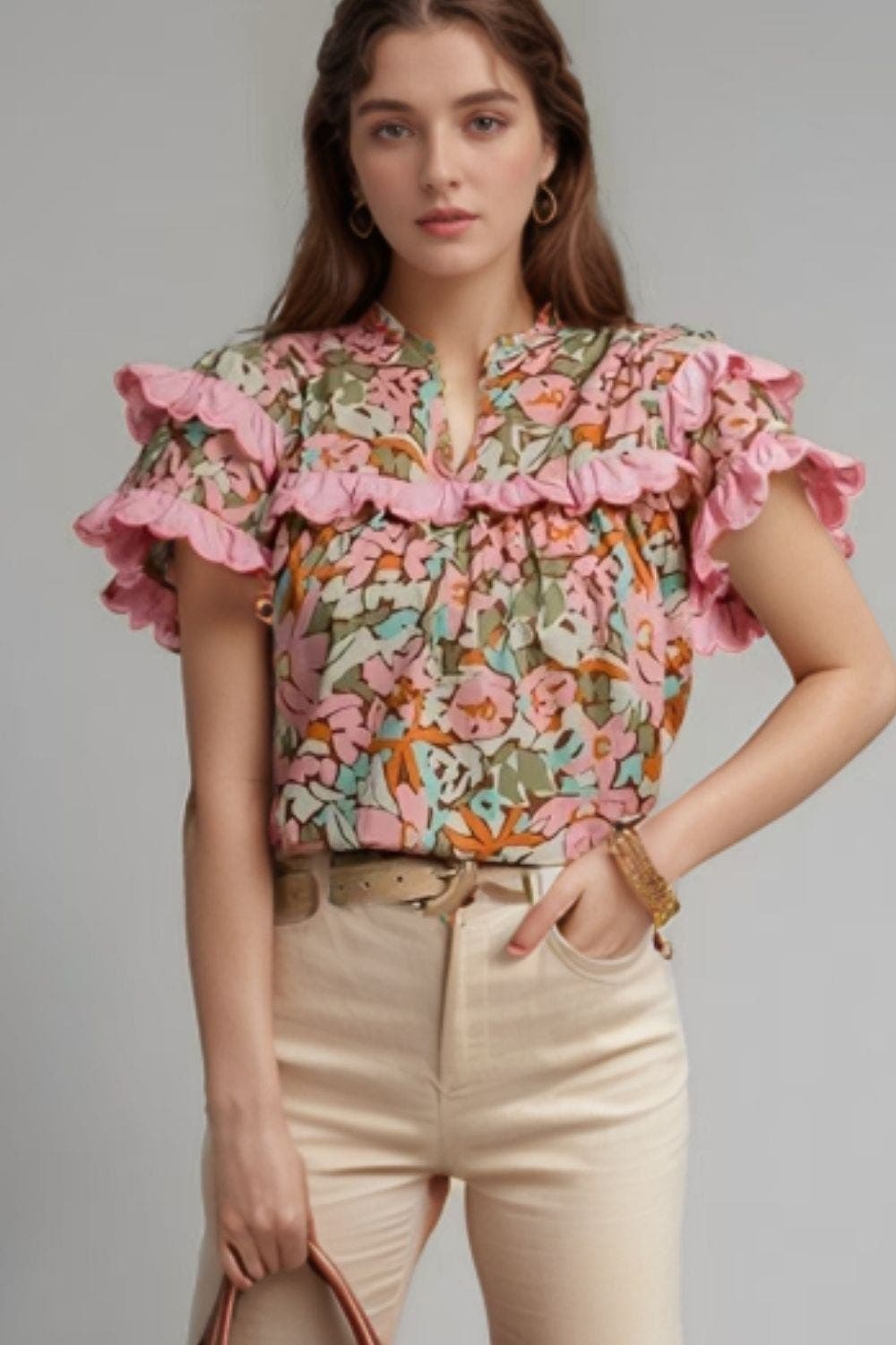 Multicolour Floral Tiered Ruffled Short Sleeve Blouse