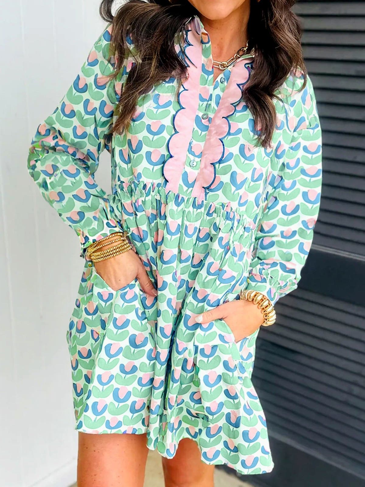 Printed Long Sleeve Shirt Dress