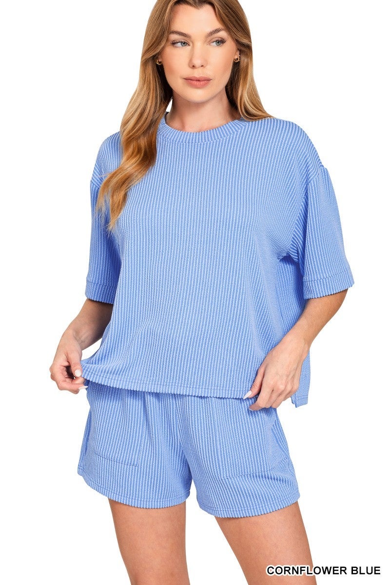 Zenana Raised Rib Short Sleeve Tee and Drawstring Shorts Set | DDP