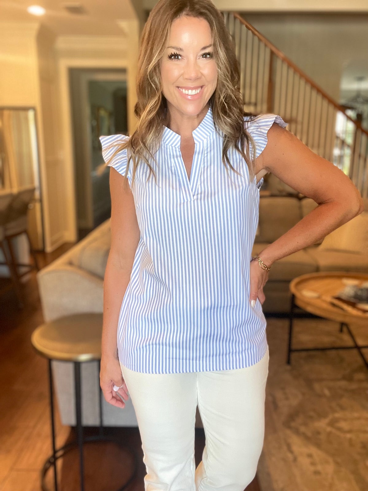 Striped Notched Cap Sleeve Blouse