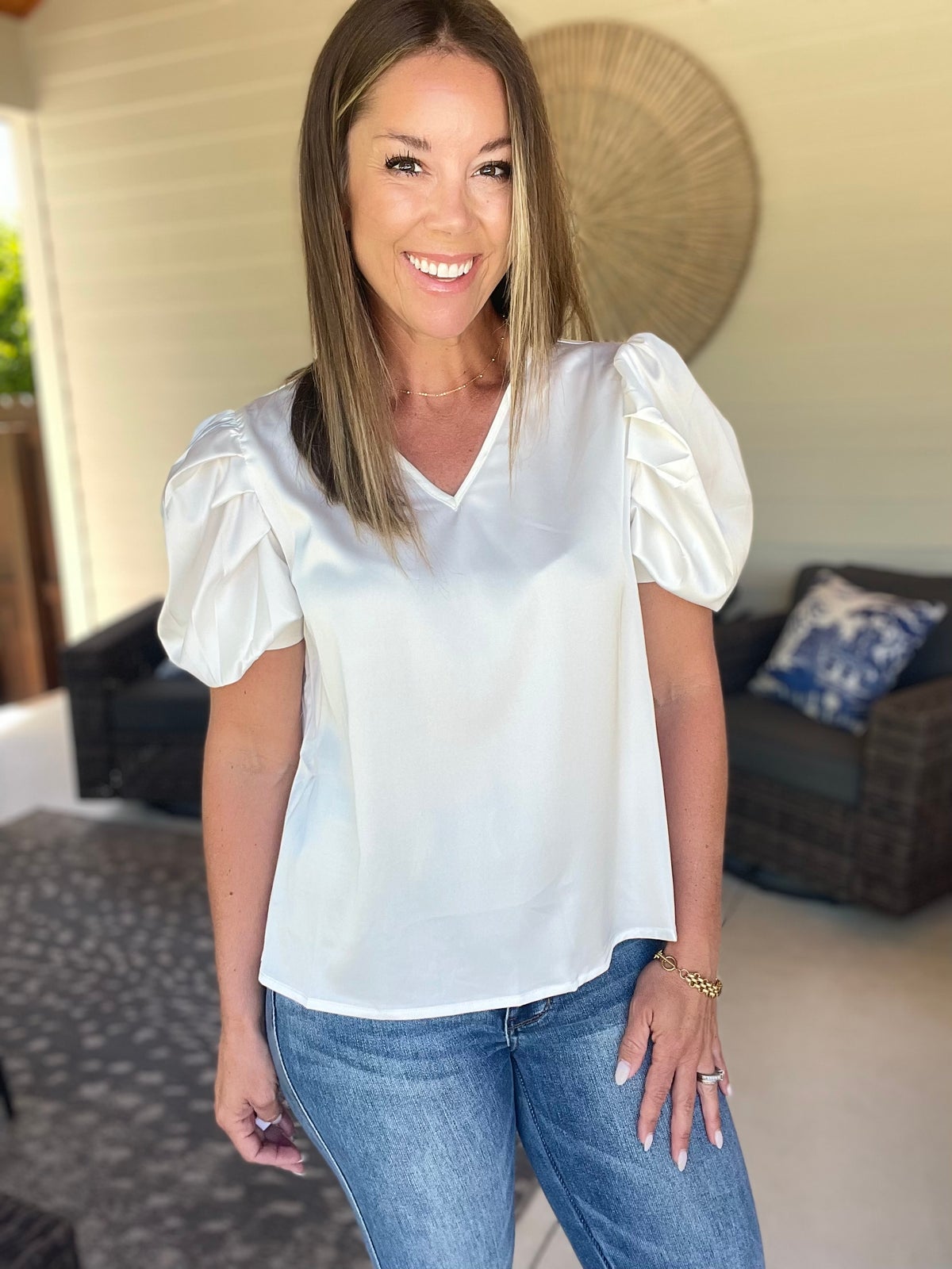 And The Why Plain Satin Puff Shirring V Neck Blouse Top
