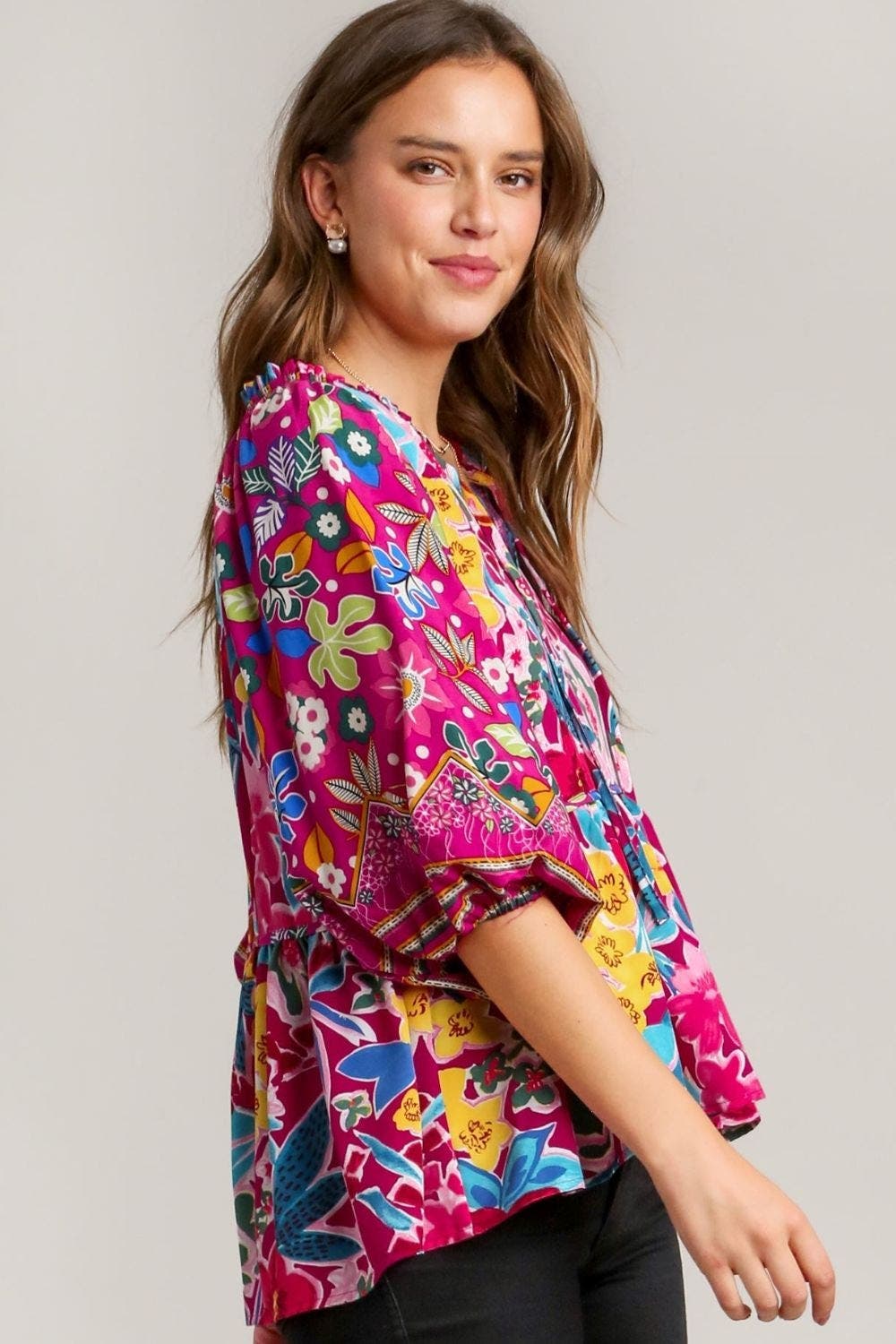 Umgee Full Size Floral Print Tie Neck Peplum Blouse