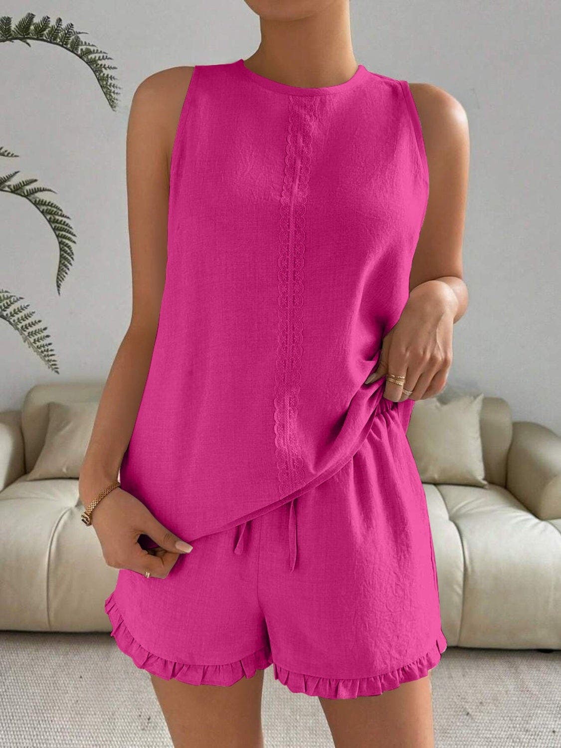 Lace Detail Round Neck Tank and Shorts Set