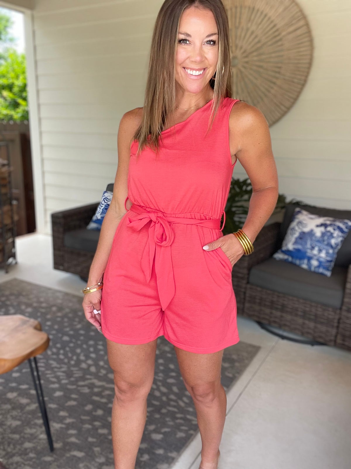 Single Shoulder Tie Waist Romper