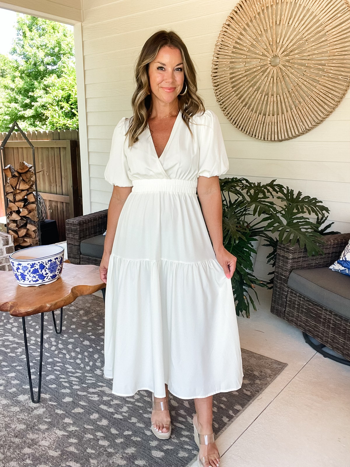 V-Neck Puff Sleeve Midi Dress