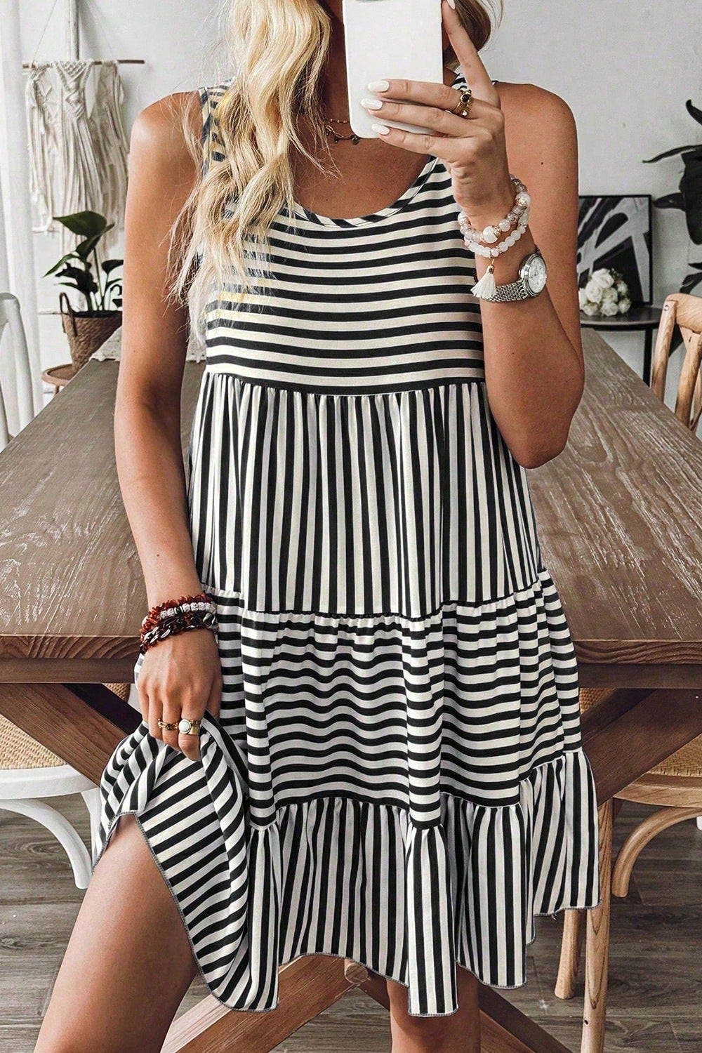 Striped Round Neck Sleeveless Mini Dress
