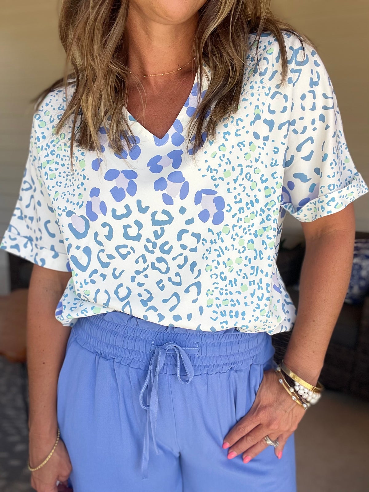 Leopard Print V Neck Short Sleeve Blouse