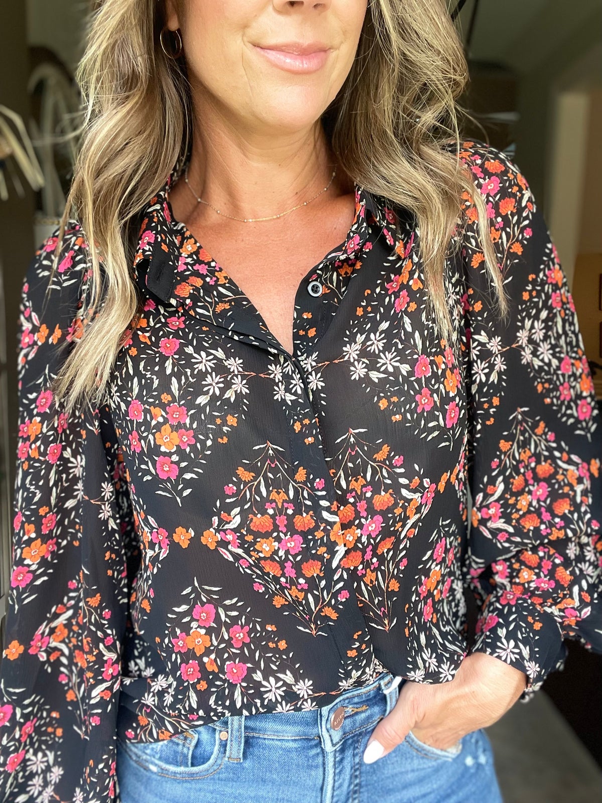 Floral Print Lantern Sleeve Loose Shirt