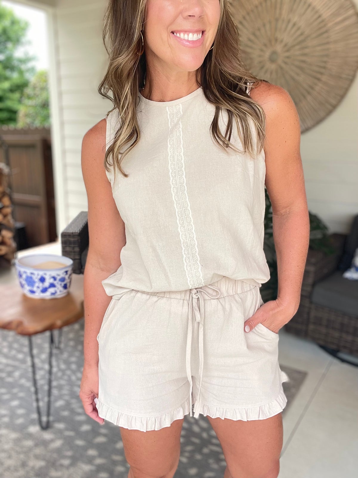 Lace Detail Round Neck Tank and Shorts Set
