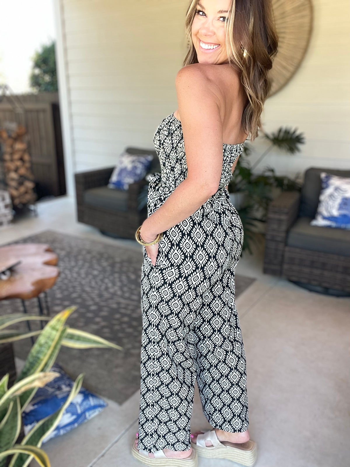 Printed Smocked Sleeveless Jumpsuit