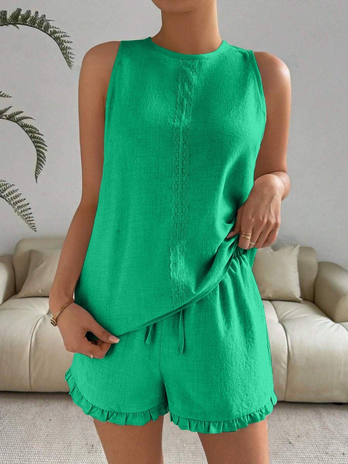 Lace Detail Round Neck Tank and Shorts Set